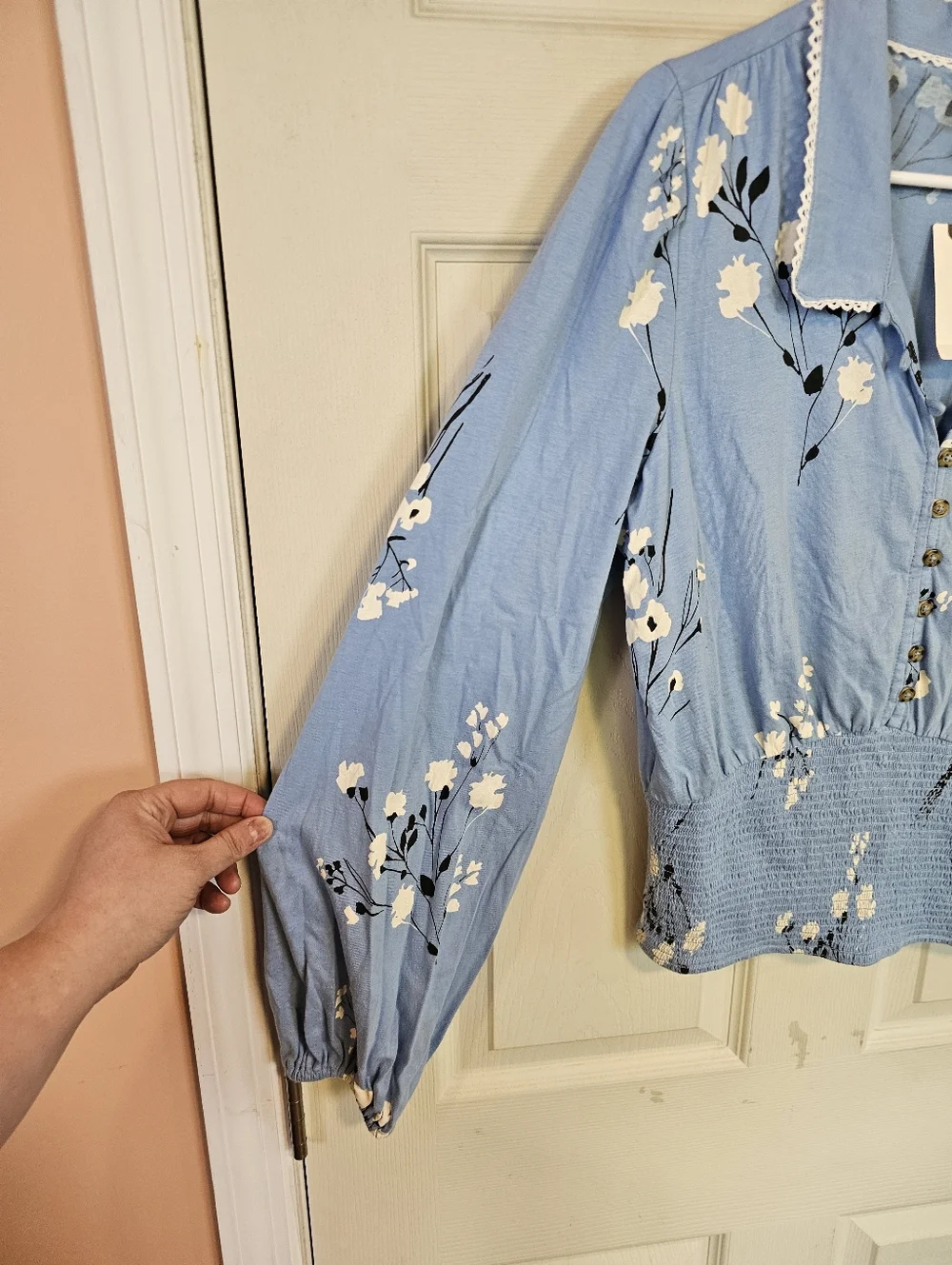 Maeve Anthropologie Smoked Floral Button Down Collared Blouse Top - Picture 7 of 7